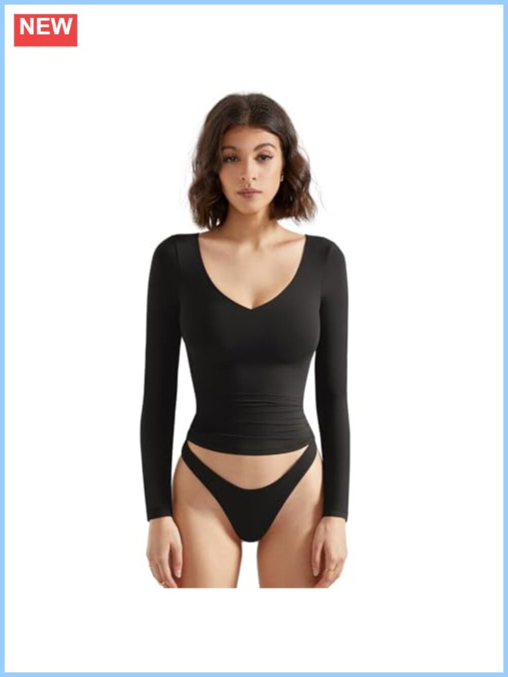 Women Double Lined V Neck Long Sleeve Crop Tank Top Slim Fit Basic Tee
